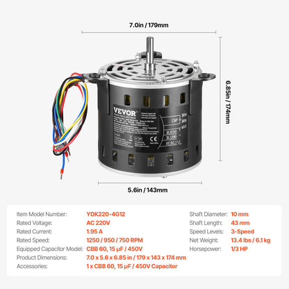 1/3 PS Ofenlüftermotor 220 V 1,95 A 1250 U/min 3-Gang 15 μF/450 V Kondensator