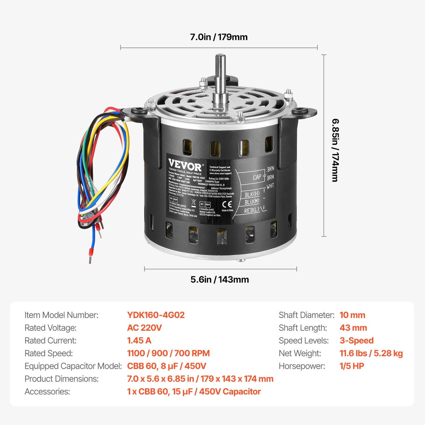 1/5 PS Ofenlüftermotor 220 V 1,45 A 1100 U/min 3-Gang 8 μF/450 V Kondensator