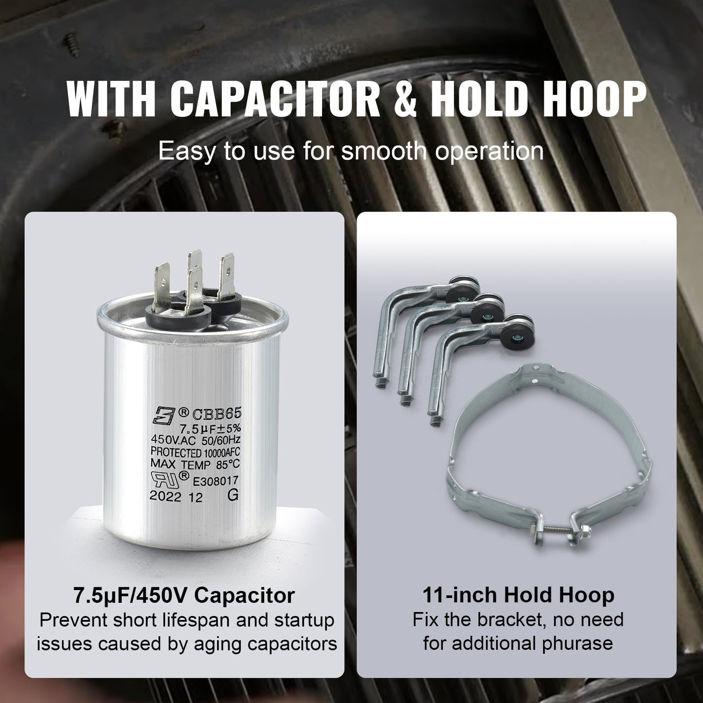 1/2HP Furnace Blower Motor, 208/230V 2.7Amps, 1075RPM 5 Speeds, CW/CCW Rotation, 48 Frame 3.4" Shaft Length, 7.5μF/450V Capacitor + 11" Hold Hoop