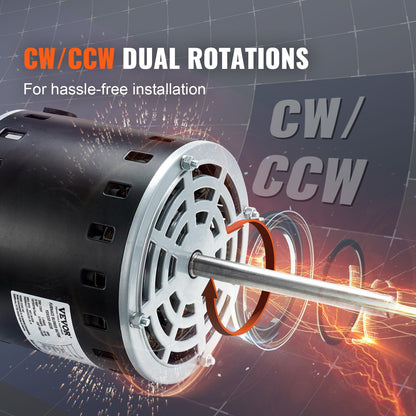3/4HP Furnace Blower Motor, 208/230V 3.85Amps, 1075RPM 5 Speeds, CW/CCW Rotation, 48 Frame 4.8" Shaft Length, 10μF/450V Capacitor + 11" Hold Hoop