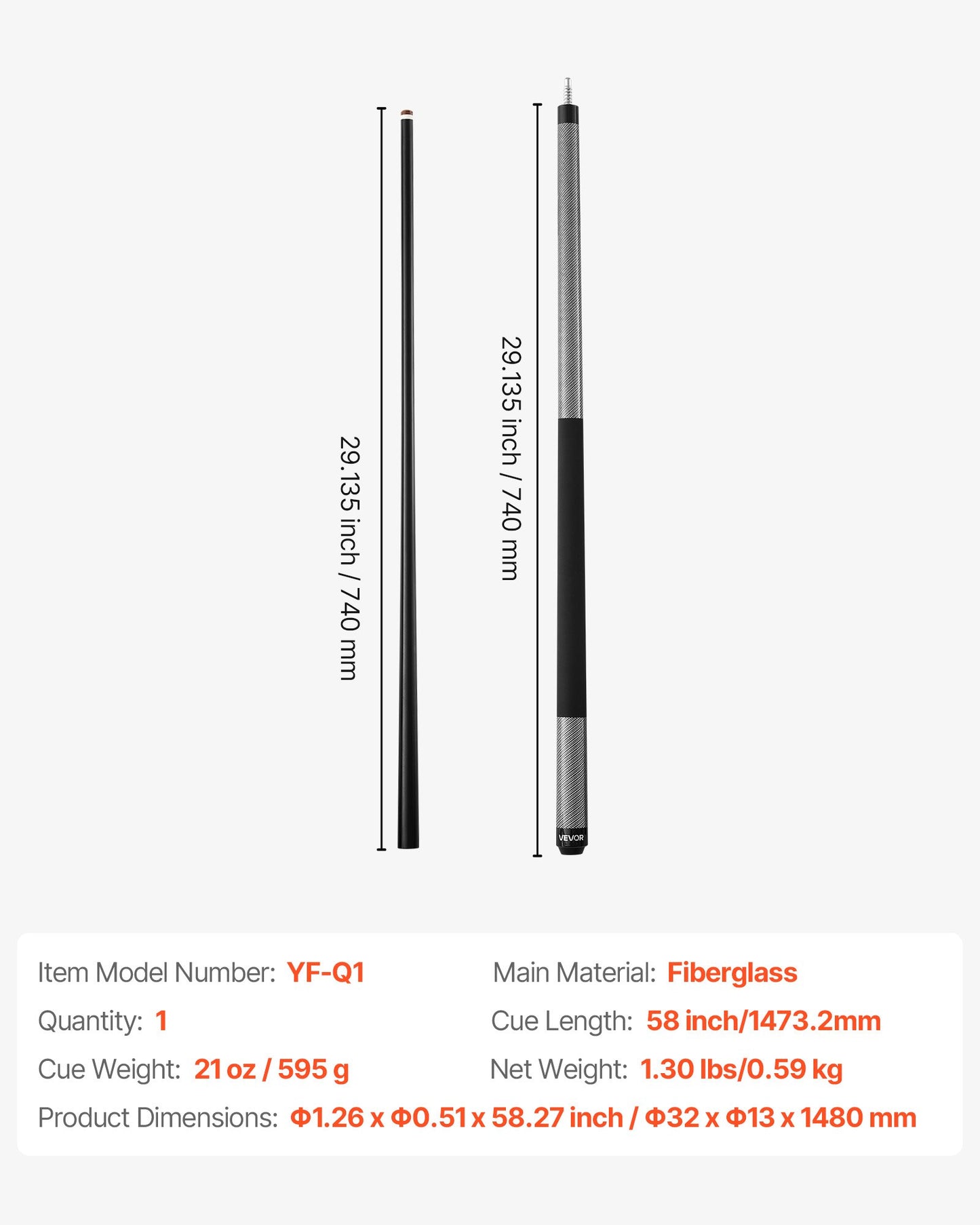 Pool Cue, 1 Piece Pool Stick, 58 inch & 21 oz Fiberglass Titanium Composite Billiard Pools Cue Stick with Multi-Layer Tip, Cues Sticks for Professional Pool Table, Bar, Home Pool Games, Office