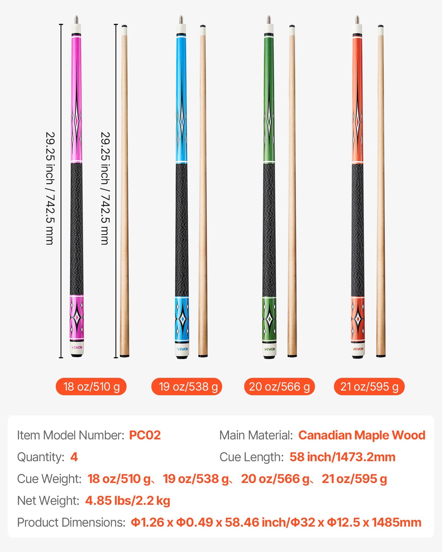 Pool Cue, 4 Pieces Pool Stick, 58 inch Canadian Maple Wood Billiard Pools Stick with ABS Connection Ring, Cues Sticks for Professional Pool Table, Bar, Home, Office, 18 oz, 19 oz, 20 oz, 21 oz