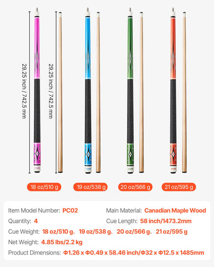 Pool Cue, 4 Pieces Pool Stick, 58 inch Canadian Maple Wood Billiard Pools Stick with ABS Connection Ring, Cues Sticks for Professional Pool Table, Bar, Home, Office, 18 oz, 19 oz, 20 oz, 21 oz