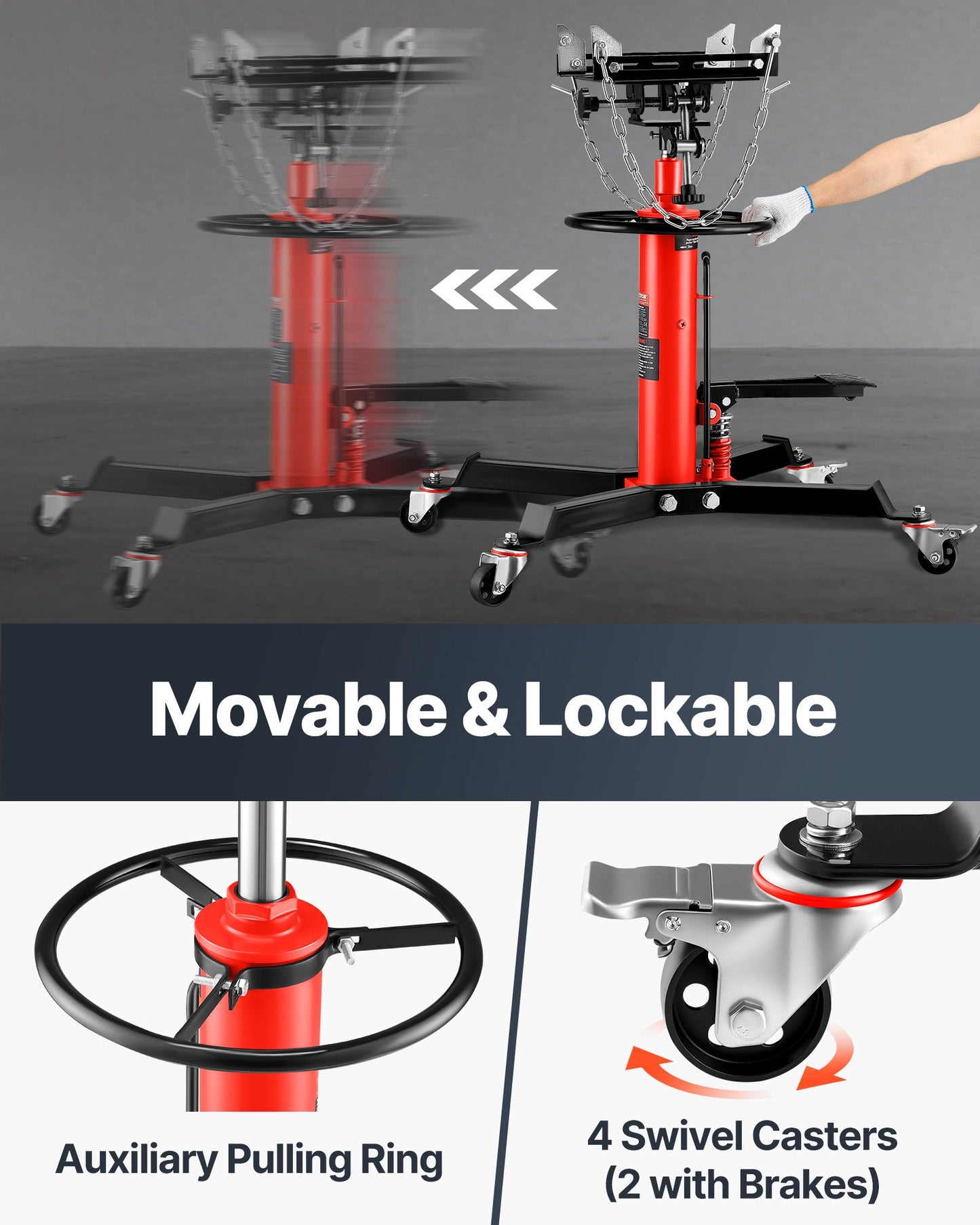 Transmission Jack,0.75 Ton/1660 lbs Capacity Hydraulic Telescopic Transmission Jack, 2-Stage Floor Jack Stand with Foot Pedal, 360° Swivel Wheel, Garage/Shop Lift Hoist, Red