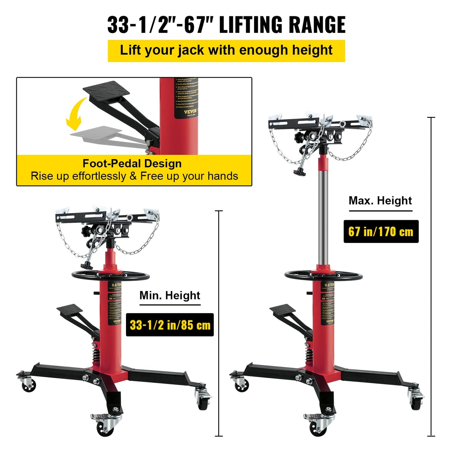 Gearbox Jack, 3/5 Ton/1322 lbs Capacity Hydraulic Telescopic Gearbox Jack, 2-Stage Floor Jack Stand with Foot Pedal, 360° Swivel Wheel, Garage/Shop Lift, Red