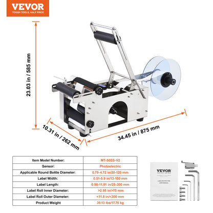 MT-50 halbautomatische Etikettiermaschine für runde Flaschen, einstellbare Etikettiermaschine 50 Stück/min Etikettenapplikator für Flaschen 12-90 mm
