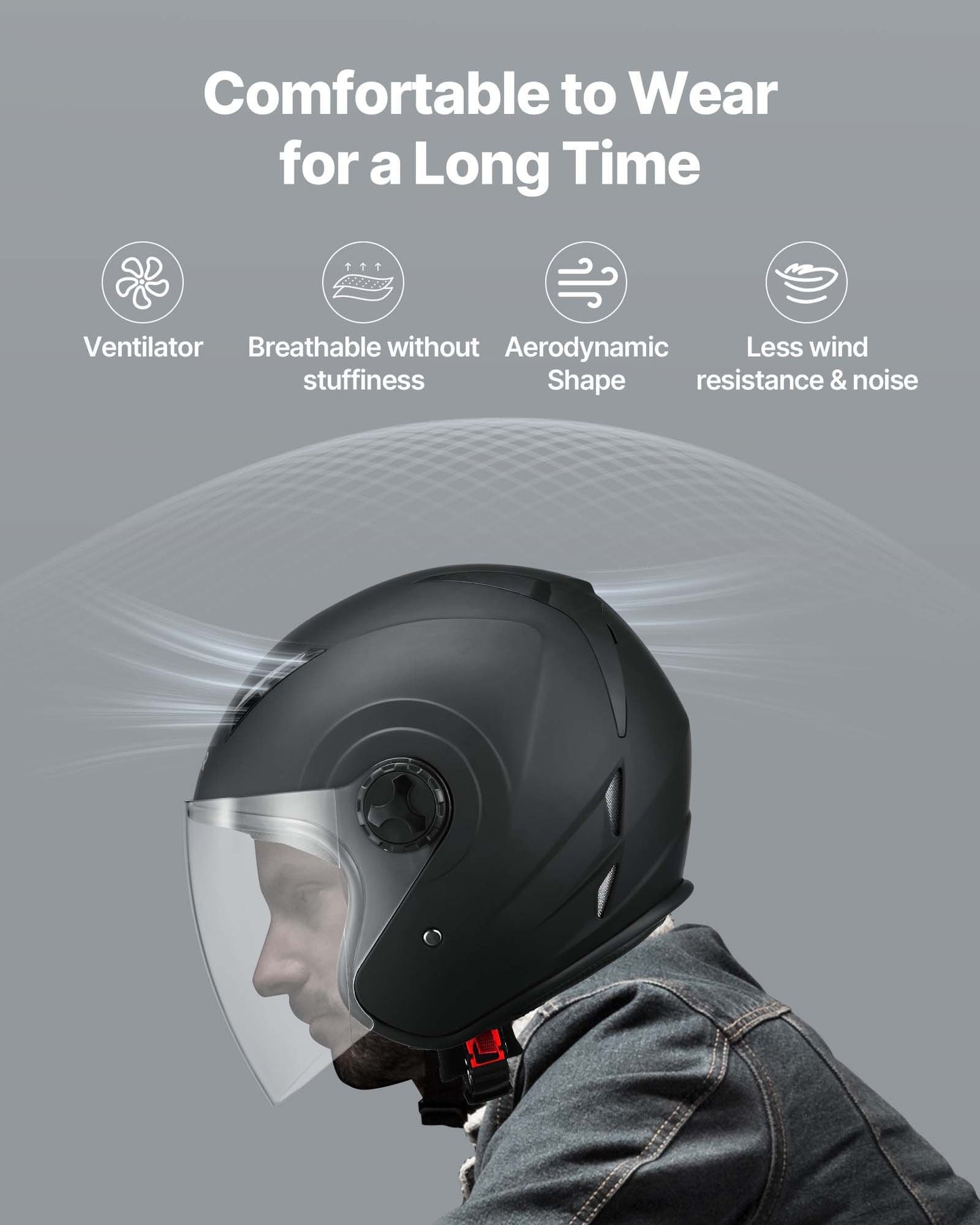 Motorcycle Helmet, 3/4 Open Face, Adult Motocross Dirt Bike Helmet with Clear Visor, Comfortable Motorbike Racing Street with Detachable Liner for Men & Women, DOT Approved, (Matte Black, L)