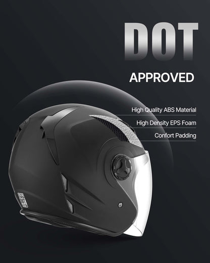Motorcycle Helmet, 3/4 Open Face, Adult Motocross Dirt Bike Helmet with Clear Visor, Comfortable Motorbike Racing Street with Detachable Liner for Men & Women, DOT Approved, (Matte Black, M)