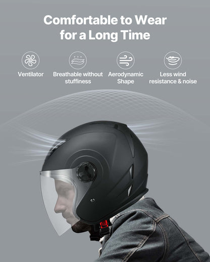 Motorcycle Helmet, 3/4 Open Face, Adult Motocross Dirt Bike Helmet with Clear Visor, Comfortable Motorbike Racing Street with Detachable Liner for Men & Women, DOT Approved, (Matte Black, M)