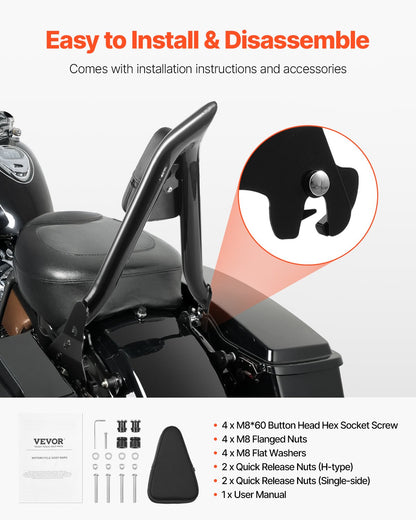 Motorcycle Backrest Sissy Bar, Compatible with Harley-Davidson Touring Models, 27-Inch Height Quick Release Detachable Passenger Backrest, Durable Metal Frame with Leather Rear Pad, Black