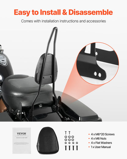 Motorcycle Backrest Sissy Bar, Compatible with Harley-Davidson Dyna Street Glide, Road Glide, and Road King, 29-Inch Height Detachable Passenger Backrest, Black