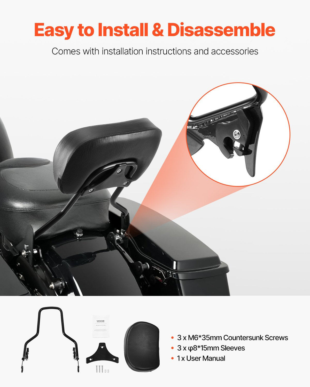 Detachable Motorcycle Passenger Backrest, Compatible with Harley-Davidson Touring, Street Glide, Road Glide, Road King, 16-Inch Height, Black