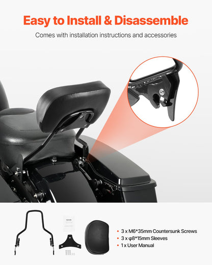Detachable Motorcycle Passenger Backrest, Compatible with Harley-Davidson Touring, Street Glide, Road Glide, Road King, 16-Inch Height, Black
