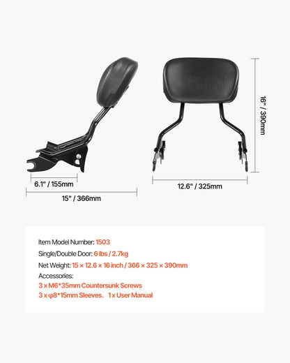 Detachable Motorcycle Passenger Backrest, Compatible with Harley-Davidson Touring, Street Glide, Road Glide, Road King, 16-Inch Height, Black