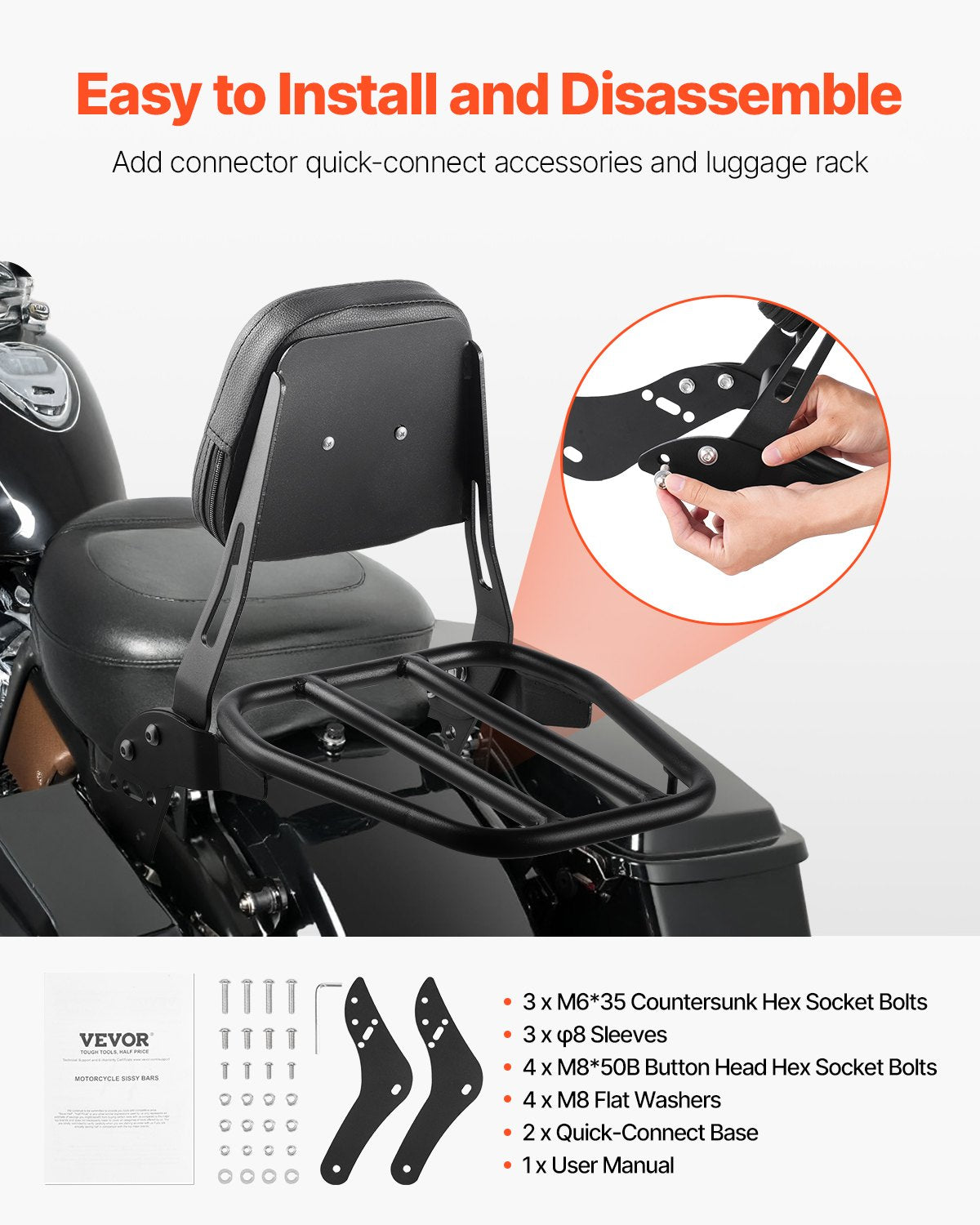 Motorcycle Backrest Sissy Bar with Luggage Rack, Compatible with Honda Rebel CMX 1100 2021-2022, 18-Inch Height, Removable Passenger Backrest, Durable Metal Frame with Leather Pad, Black