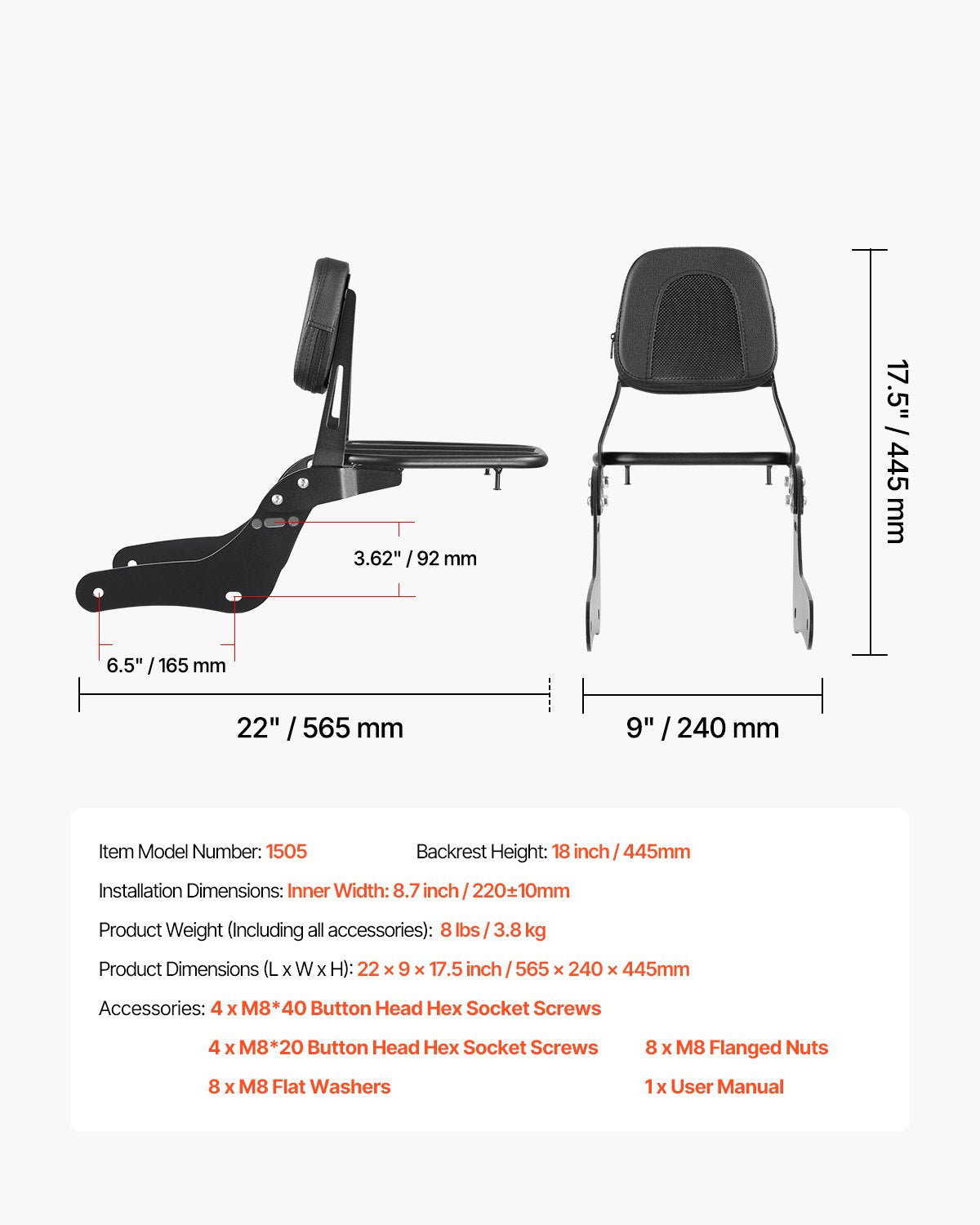 Motorcycle Backrest Sissy Bar with Luggage Rack, Compatible with Honda Rebel CMX 1100 2021-2022, 18-Inch Height, Removable Passenger Backrest, Durable Metal Frame with Leather Pad, Black
