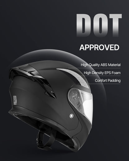 Motorcycle Helmet, Modular, Adult Motocross Dirt Bike Helmet with Large Clear Visor, Comfortable Motorbike Racing Street with Detachable Liner for Men & Women, DOT Approved, (Matte Black, L)