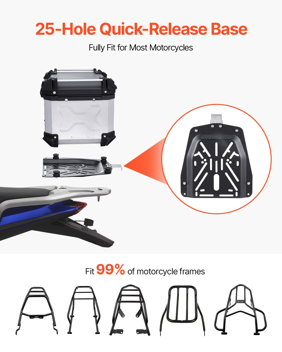Motorcycle Top Case, Universal Aluminum Alloy Motorbike Tail Box with Leather Lining, 45L Waterproof Detachable Motorcycle Top Box with Lock & Back Cushion, Fit for 99% of Motorcycle Frames
