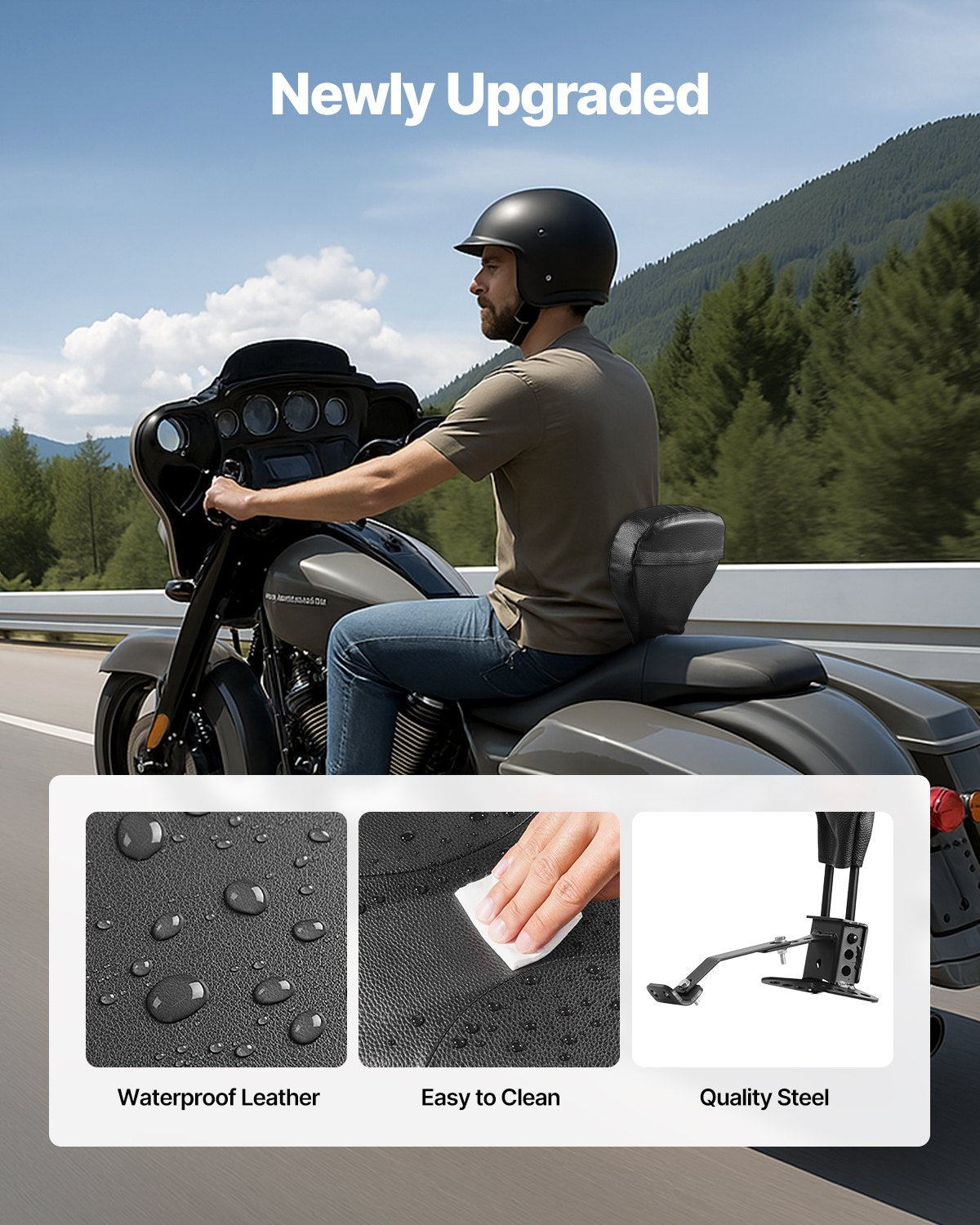 Adjustable Motorcycle Backrest Sissy Bar, Fit Harley Touring Models 2009-2024 with One-piece Slotted Seat, Street Glide, Road Glide, and Road King, Detachable Rider Backrest for Motorcycles, Black