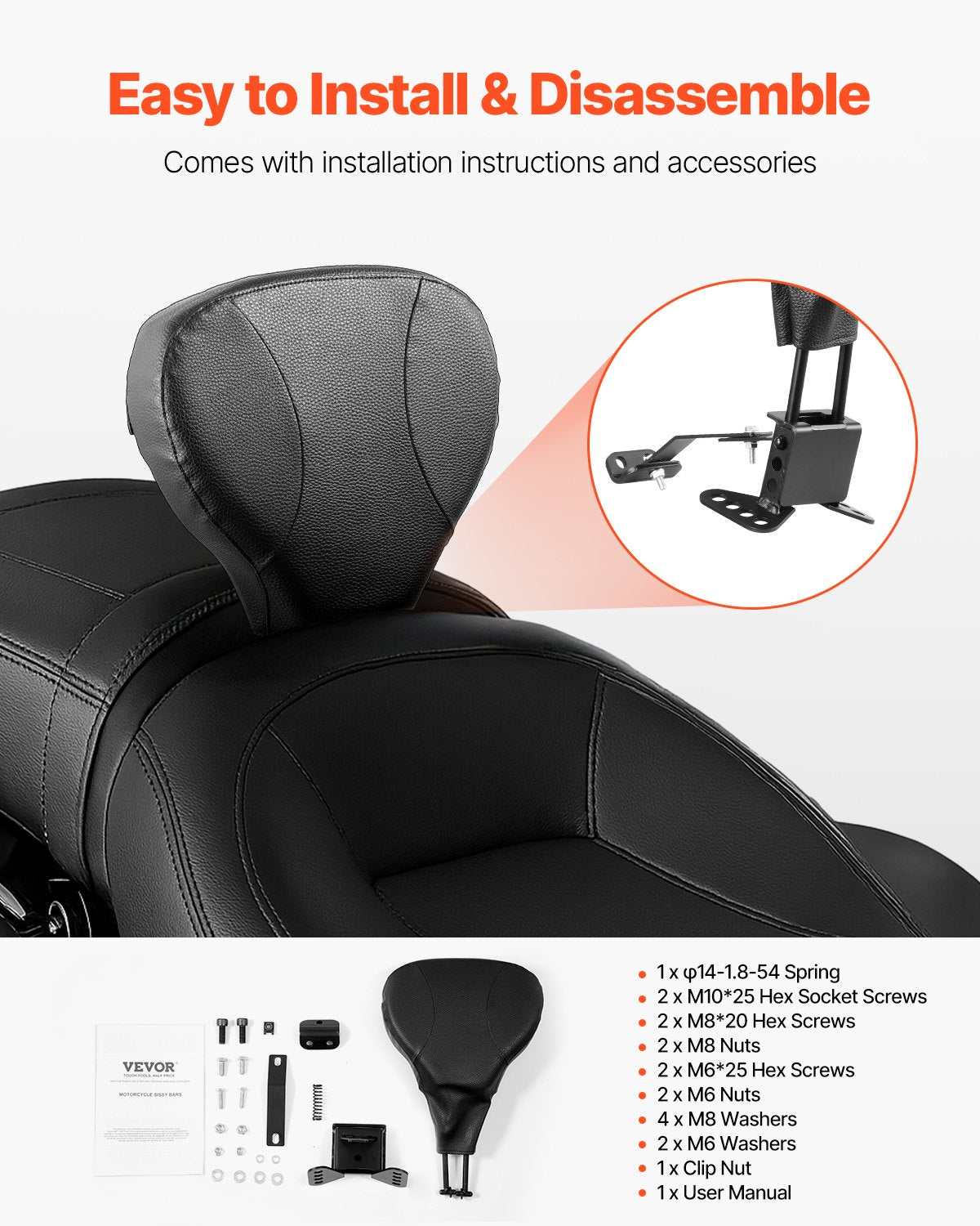 Adjustable Motorcycle Backrest Sissy Bar, Fit Harley Touring Models 2009-2024 with One-piece Slotted Seat, Street Glide, Road Glide, and Road King, Detachable Rider Backrest for Motorcycles, Black