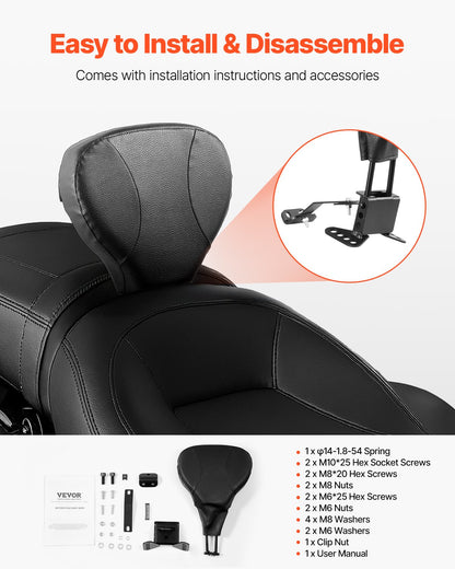 Adjustable Motorcycle Backrest Sissy Bar, Fit Harley Touring Models 2009-2024 with One-piece Slotted Seat, Street Glide, Road Glide, and Road King, Detachable Rider Backrest for Motorcycles, Black