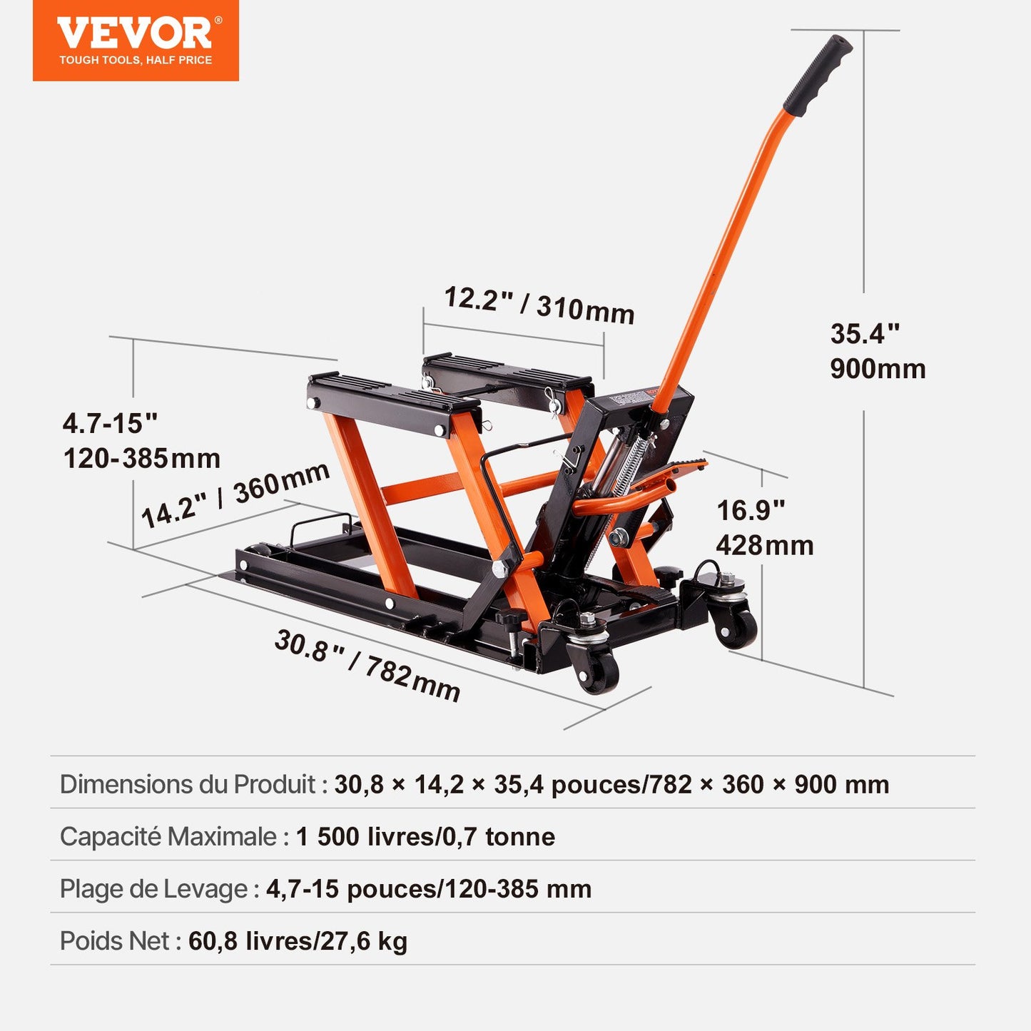 Steel Hydraulic Motorcycle Jack Stand, 1500 LBS ATV Scissor Lift Jack, 4.7"-15" Scissor Lift Jack Stand with 4 Wheels, Hydraulic Foot-Operated Hoist Stand for Motorcycle ATV UTV Powersports