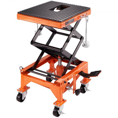 Hydraulic Motorcycle Lift Table, 350 LBS Capacity Motorcycle Scissor Jack Lift with Wide Deck, J-hooks, 4 Wheels, Hydraulic Foot-Operated Jack Stand for ATV Dirt Bikes