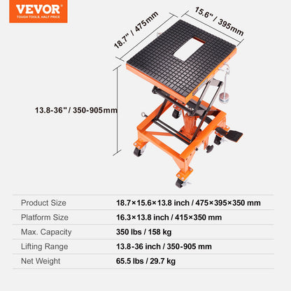 Hydraulic Motorcycle Lift Table, 350 LBS Capacity Motorcycle Scissor Jack Lift with Wide Deck, J-hooks, 4 Wheels, Hydraulic Foot-Operated Jack Stand for ATV Dirt Bikes