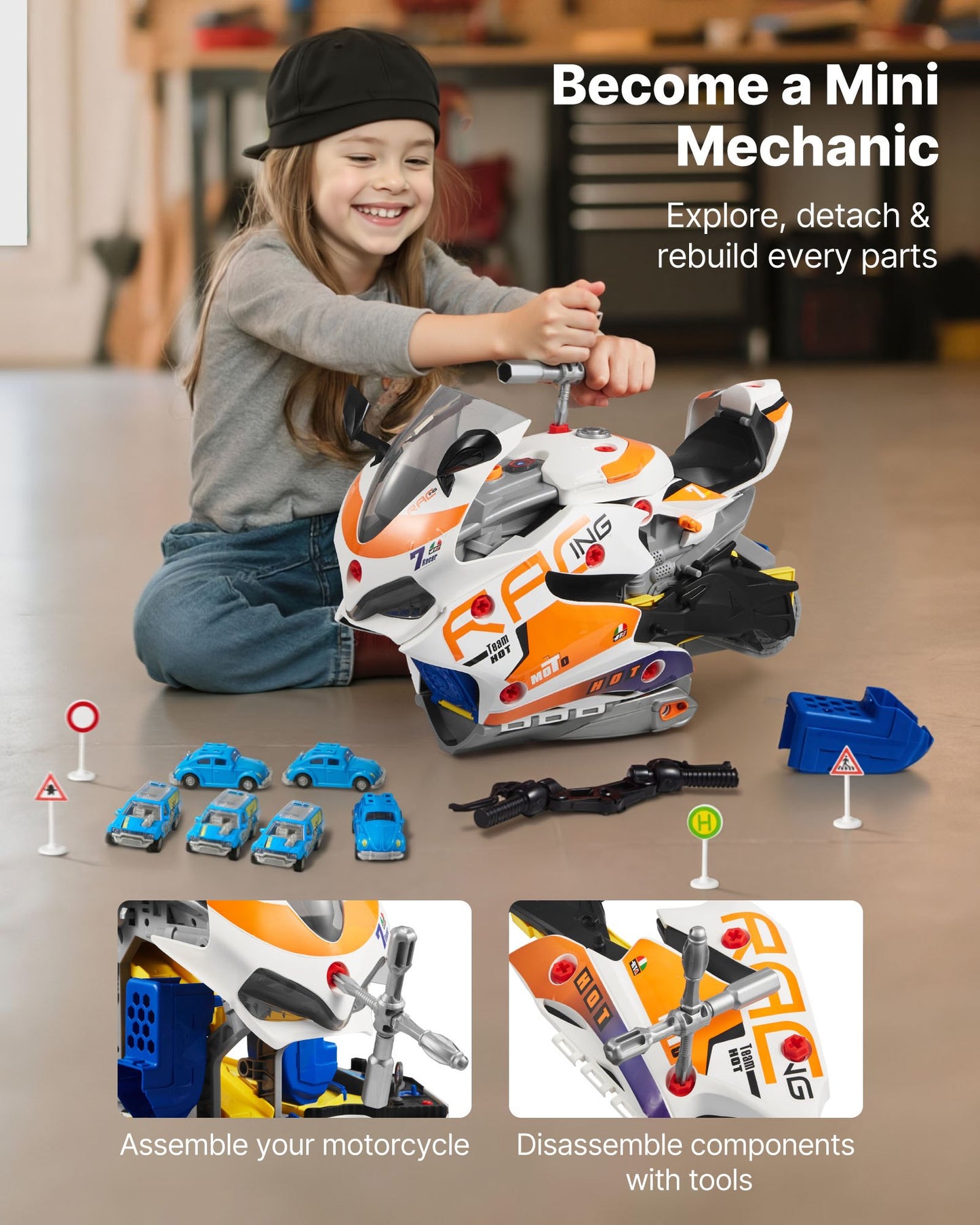 Motorcycle Engine Toy, 25 Pieces, Motorcycle Mechanic Toy with Removable Parts, Lights & Sounds, Simulated Riding & Track Racing, Kids Mechanic Workshop Set for Toddler 3 Years and Up, Yellow