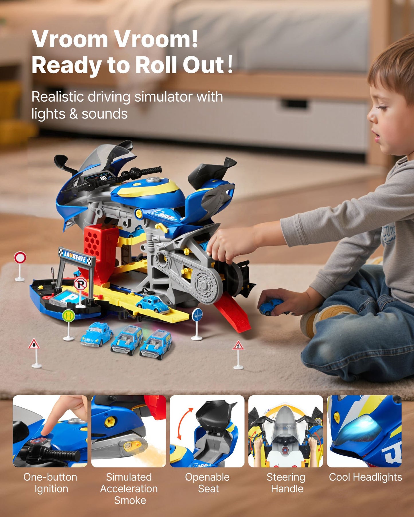 Motorcycle Engine Toy, 25 Pieces, Motorcycle Mechanic Toy with Removable Parts, Lights & Sounds, Simulated Riding & Track Racing, Kids Mechanic Workshop Set for Toddler 3 Years and Up, Blue