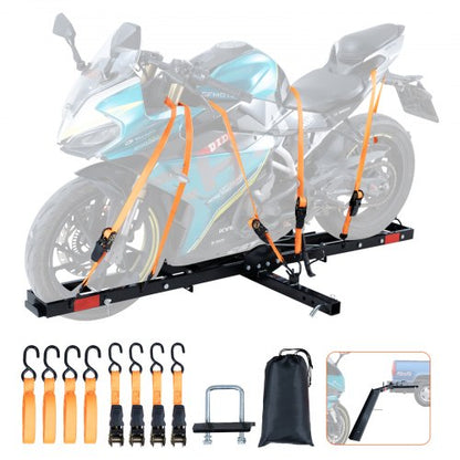 Motorcycle Carrier, 600 LBS Steel Motorcycle Carrier Hitch Mount with Loading Ramp, Scooter Dirt Bike Trailer Hauler with Ratchet Straps and Stabilizer, for Car, Truck with 2" Hitch Receiver