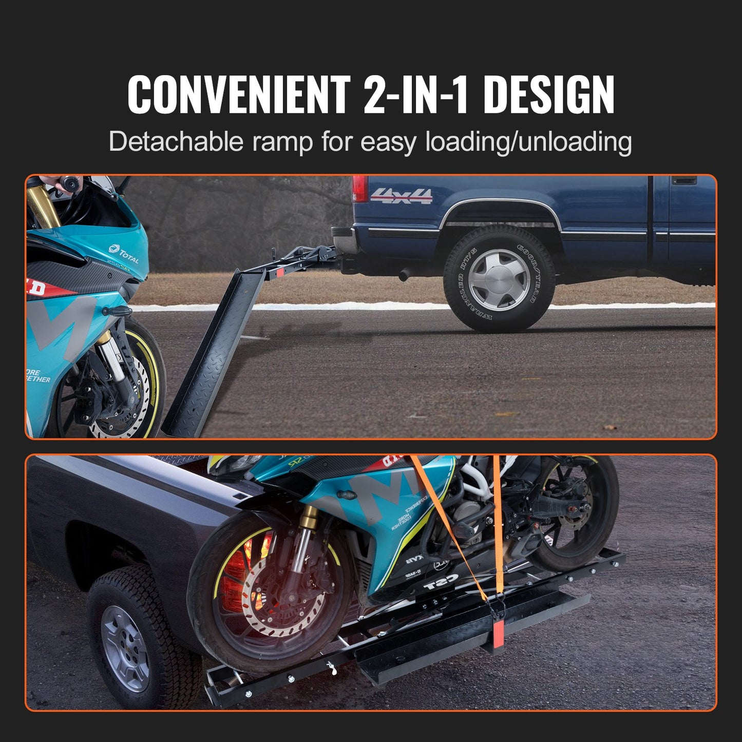 Motorcycle Carrier, 600 LBS Steel Motorcycle Carrier Hitch Mount with Loading Ramp, Scooter Dirt Bike Trailer Hauler with Ratchet Straps and Stabilizer, for Car, Truck with 2" Hitch Receiver