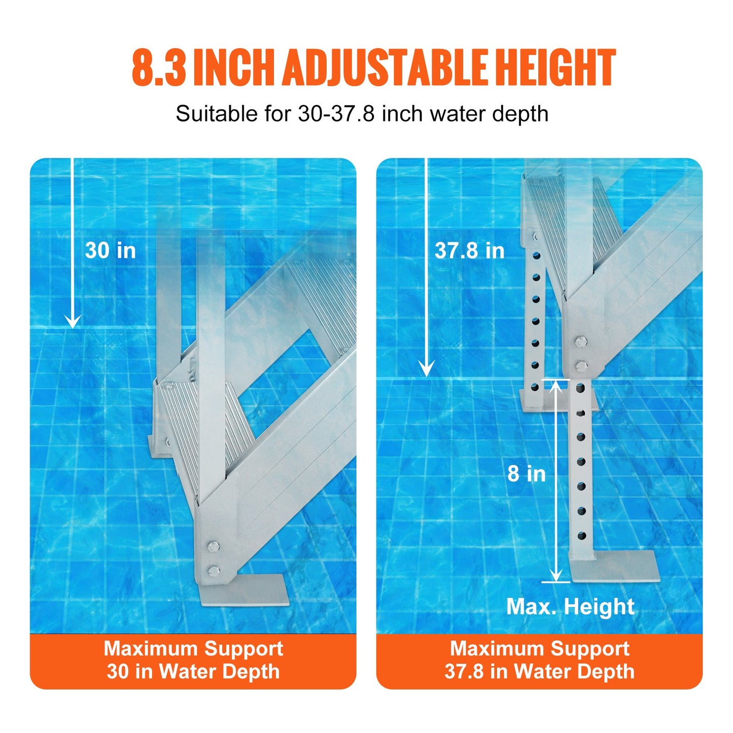 Dock Ladder 4 Step, Dock Stairs 30''-38'' Adjustable Height, 500 lbs Load Capacity, Aluminum Pontoon Boat Ladder with Dual Handrails & Nonslip Mat for Ship/Lake/Pool/Marine Boarding