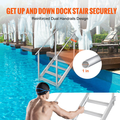 Dock Ladder 4 Step, Dock Stairs 30''-38'' Adjustable Height, 500 lbs Load Capacity, Aluminum Pontoon Boat Ladder with Dual Handrails & Nonslip Mat for Ship/Lake/Pool/Marine Boarding