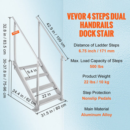 Dock Ladder 4 Step, Dock Stairs 30''-38'' Adjustable Height, 500 lbs Load Capacity, Aluminum Pontoon Boat Ladder with Dual Handrails & Nonslip Mat for Ship/Lake/Pool/Marine Boarding