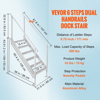 Dock Ladder, 43''-51'' Adjustable Height, 500 lbs Load Capacity, Aluminum Alloy 6 Steps Pontoon Boat Ladder with Dual Handrails & Nonslip Mat, Ideal for Ship/Lake/Pool/Marine Boarding