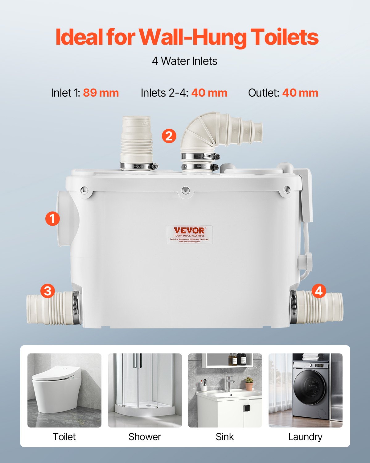 Macerator Pump, 500W, 29 GPM Flow, 26 ft/8 m Head, Macerator Wall-Hung Toilet Pump with 4 Water Inlets, Waste Water Disposal Upflush Machine for Toilet, Basement, Shower, Sink, Laundry, Bathtub