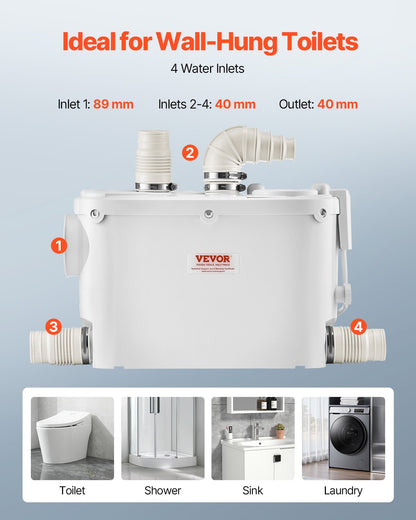 Macerator Pump, 500W, 29 GPM Flow, 26 ft/8 m Head, Macerator Wall-Hung Toilet Pump with 4 Water Inlets, Waste Water Disposal Upflush Machine for Toilet, Basement, Shower, Sink, Laundry, Bathtub