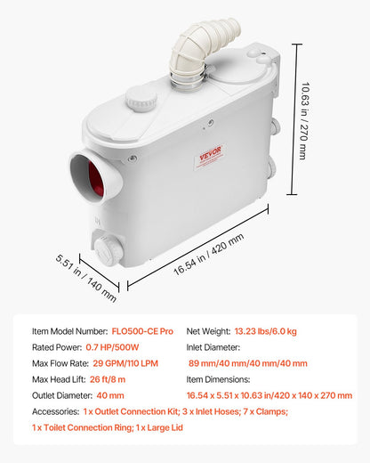Macerator Pump, 500W, 29 GPM Flow, 26 ft/8 m Head, Macerator Wall-Hung Toilet Pump with 4 Water Inlets, Waste Water Disposal Upflush Machine for Toilet, Basement, Shower, Sink, Laundry, Bathtub
