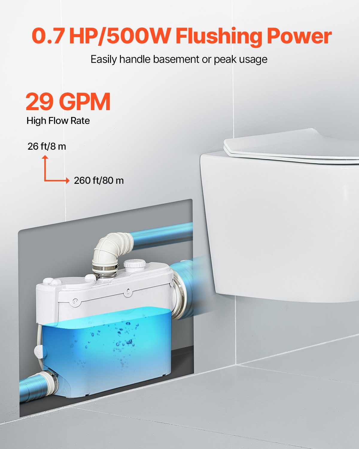 Zerhackerpumpe, 500 W, 6600 l/h Durchfluss, 8 m Förderhöhe, Zerhacker-Abwasserpumpe mit 3 Wassereinlässen für Toilette, Keller, Küche, Waschbecken, Dusche, Badewanne.