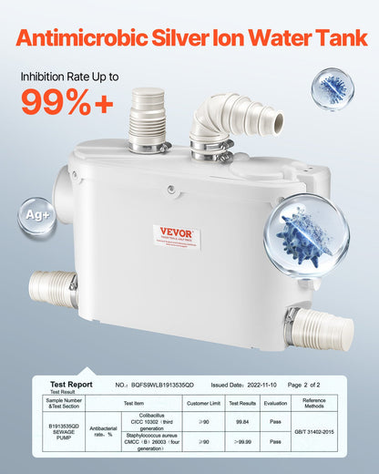 Zerhackerpumpe, 500 W, 6600 l/h Durchfluss, 8 m Förderhöhe, Zerhacker-Abwasserpumpe mit 3 Wassereinlässen für Toilette, Keller, Küche, Waschbecken, Dusche, Badewanne.