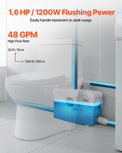 Macerator Pump, 1200W, 48 GPM Flow, 33 ft/10 m Head, Macerator Sewerage Toilet Pump with 4 Water Inlets, Waste Water Disposal Upflush Machine for Toilet, Basement, Shower, Sink, Laundry, Bathtub