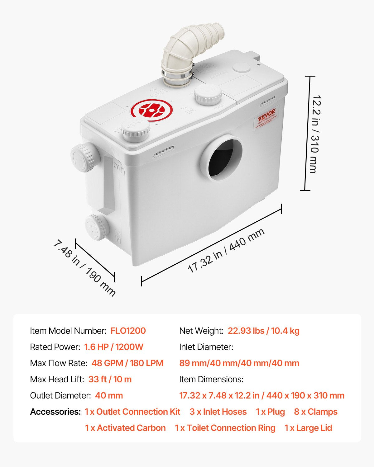 Macerator Pump, 1200W, 48 GPM Flow, 33 ft/10 m Head, Macerator Sewerage Toilet Pump with 4 Water Inlets, Waste Water Disposal Upflush Machine for Toilet, Basement, Shower, Sink, Laundry, Bathtub