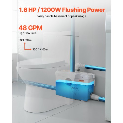 Zerhackerpumpe, 1200 W, 48 GPM Durchfluss, 33 Fuß Hubhöhe für Toilette, Kellerspüle | EU