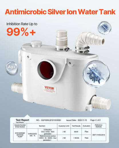 Macerator Pump, 500W, 29 GPM Flow, 26 ft/8 m Head, Macerator Sewerage Toilet Pump with 4 Water Inlets, Waste Water Disposal Upflush Machine for Toilet, Basement, Shower, Sink, Laundry, Bathtub