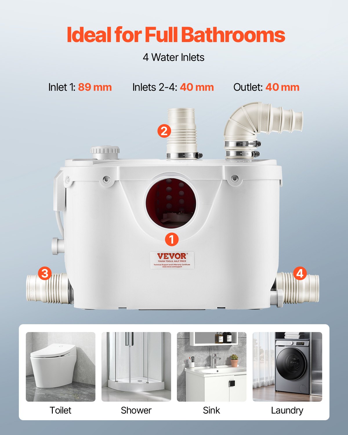 Macerator Pump, 500W, 29 GPM Flow, 26 ft/8 m Head, Macerator Sewerage Toilet Pump with 4 Water Inlets, Waste Water Disposal Upflush Machine for Toilet, Basement, Shower, Sink, Laundry, Bathtub
