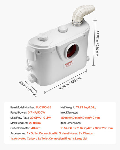 Macerator Pump, 500W, 29 GPM Flow, 26 ft/8 m Head, Macerator Sewerage Toilet Pump with 4 Water Inlets, Waste Water Disposal Upflush Machine for Toilet, Basement, Shower, Sink, Laundry, Bathtub