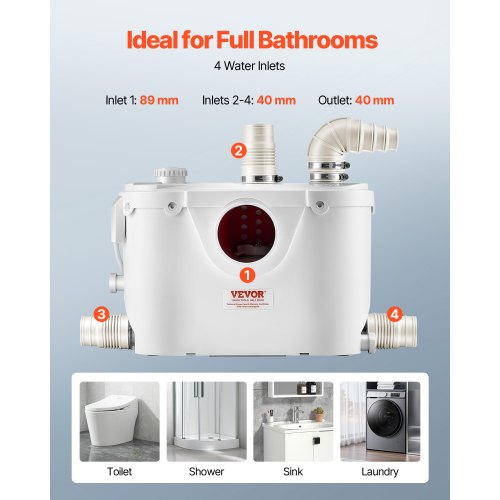 Zerhackerpumpe, 500 W, 29 GPM Durchfluss, 26 Fuß Hubhöhe für Toilette/Kellerspüle | EU