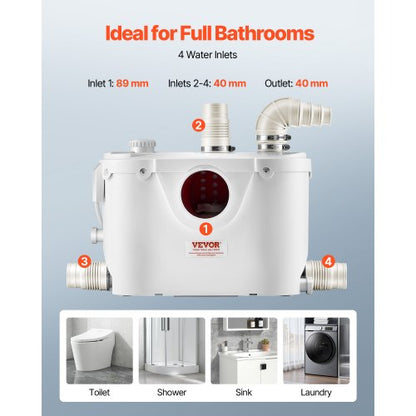 Zerhackerpumpe, 500 W, 29 GPM Durchfluss, 26 Fuß Hubhöhe für Toilette/Kellerspüle | EU