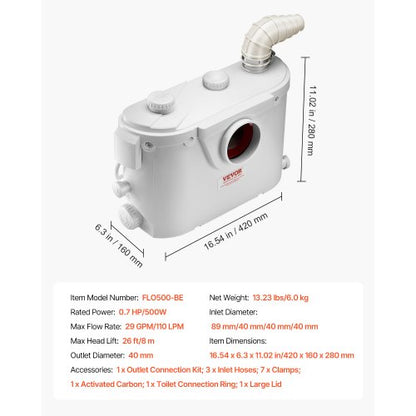 Zerhackerpumpe, 500 W, 29 GPM Durchfluss, 26 Fuß Hubhöhe für Toilette/Kellerspüle | EU